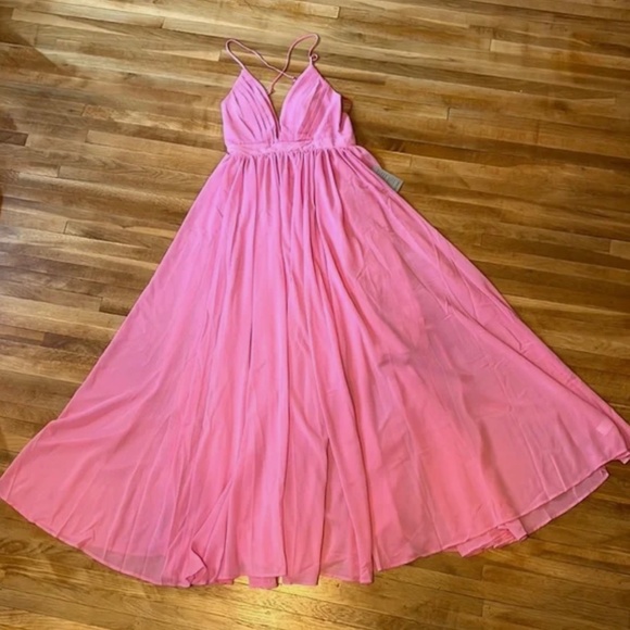 NEW MEGHAN LA Bubble Gum Pink Halter V-Neck Enchanted Garden Maxi Dress LARGE - Picture 3 of 12